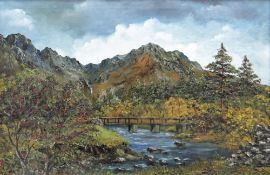 GWYNETH TOMOS oil on canvas - Eryri river with footbridge, signed, 48 x 74cms Provenance: private