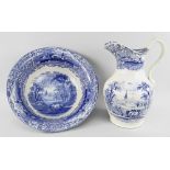 AN YNYSMEUDWY POTTERY WASH JUG & BOWL the jug of baluster form with narrow neck and snaking loop