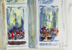 WILL ROBERTS watercolour - two windows with flowering window-boxes, signed with initials, 28 x 40cms