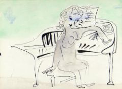 CERI RICHARDS CBE pen, ink and watercolour - seated pianist at piano, artist's studio stamp, 16 x