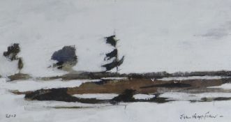 JOHN KNAPP-FISHER oil - landscape, entitled verso on Martin Tinney Gallery label 'Wetlands II', 10.5