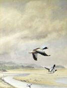 PHILIP SNOW watercolour - river estuary scene with heron and waders in flight, entitled '