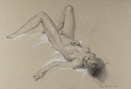 HARRY HOLLAND mixed media on brown paper - reclining nude, signed, 29 x 44cms Provenance: private