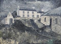 T LEONARD EVANS oil on board - white-washed farmhouse and buildings, signed, 45 x 61cms