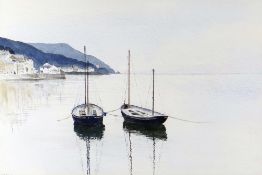 EDWARD MORRIS watercolour - tranquil coastal scene with boats, entitled verso 'Reflections', signed,