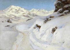 ALFRED OLIVER oil on board - mountain track with deep snow and blue sky, signed, 30 x 42cms