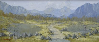CHARLES WYATT WARREN oil on board - Eryri landscape with Snowdon, signed, 23 x 53cms Provenance: