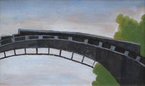 JACK JONES oil on board - arched bridge and trees, unsigned, 16 x 28cms Provenance: private