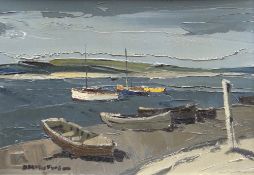 DONALD McINTYRE early oil on board - moored boats with three yachts in the water in the