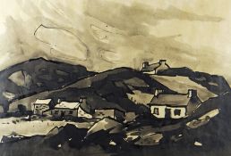 SIR KYFFIN WILLIAMS RA inkwash - landscape with houses, signed with initials in pencil, circa