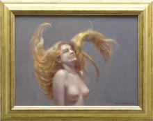 HARRY HOLLAND oil on board - half portrait of nude with striking auburn hair, signed, 28 x 38cms