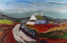SION McINTYRE acrylic on board - entitled verso on Albany Gallery label 'Cottage Above