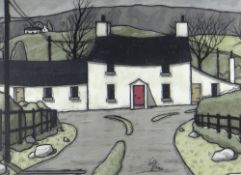 ALAN WILLIAMS acrylic - whitewashed roadside cottages, entitled verso 'Cottage, Dolgellau',