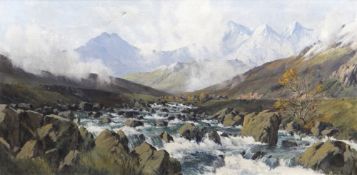 MAURICE KENT oil on canvas - Eryri winter scene with river and distant 'Tryfan' mountain, signed