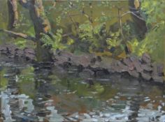 KEVIN SINNOTT oil on board - river scene, entitled verso 'Cwm Garw', signed with initials, 30 x