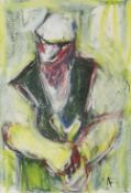 WILL ROBERTS mixed media - waistcoat and cap wearing figure with thumb-stick walking-stick, signed