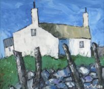 WYN HUGHES acrylic - whitewashed cottage with blue sky, signed, 21 x 24cms Provenance: private