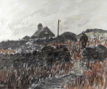 SIR KYFFIN WILLIAMS RA mixed media - figure of an old gentleman with stick descending a path, with