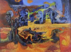 JOHN ELWYN acrylic on paper - entitled verso on Mall Galleries label 'Dyfed Landscape IV', signed,