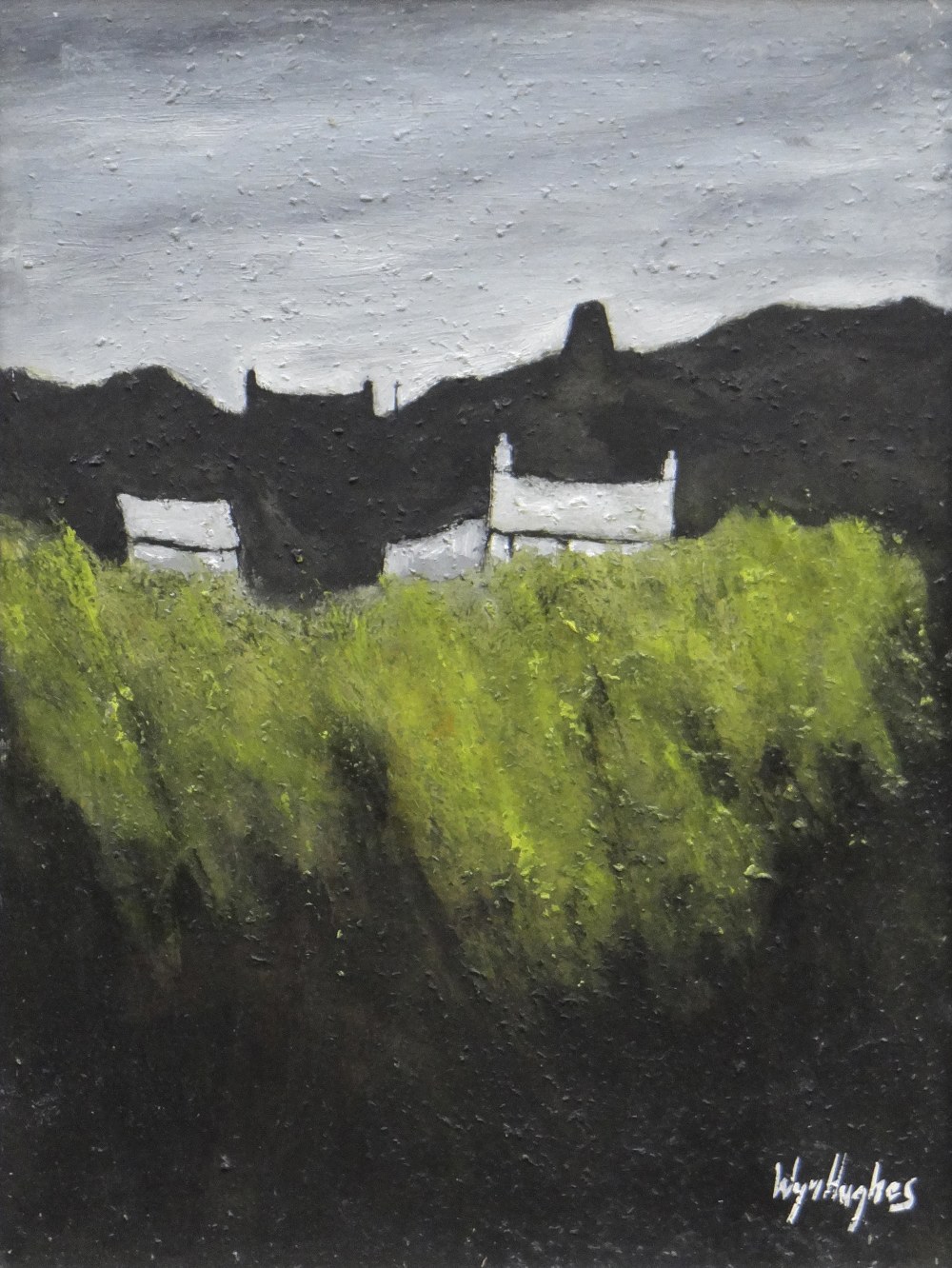 WYN HUGHES acrylic on board - Ynys Mon landscape, entitled verso 'Bythynod Ger Mynydd Parys' (
