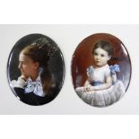 PAIR LATE 19TH CENTURY PORTRAIT MINIATURES, enamel on copper, depicting a young girl in white