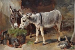 GEORGE WILLIAM HORLOR (1823-1895) oil on canvas (laid to board) - Donkeys eating hay beside a