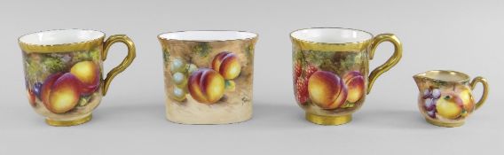 FOUR ROYAL WORCESTER PORCELAIN CABINET ITEMS, painted with apples, raspberries, cherries and