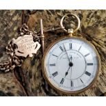 18CT GOLD OPEN FACED CHRONOGRAPH POCKET WATCH by Thomas Russell & Son, Liverpool, the enamel dial