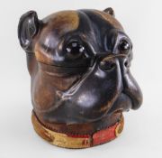 RARE & LARGE CARVED AND STAINED FRUITWOOD PUG'S HEAD TOBACCO JAR, with large brown glass eyes, the