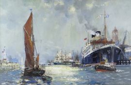 FRANK HENRY MASON (1875-1965) mixed media - busy depiction of boats, tugs and a liner at Southampton