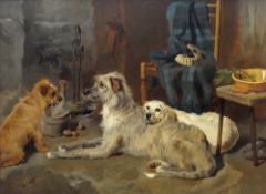 GEORGE WILLIAM HORLOR (1823-1895) oil on panel - Deerhound, Retriever and Terrier, in a cottage