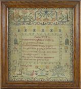 A LATE GEORGIAN NEEDLEWORK SAMPLER, by Isabel Dun, with verses from Psalm XLV bordered by flowers,