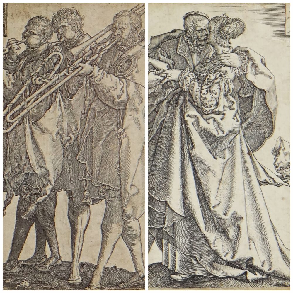 HEINRICH ALDEGREVER (German, 1502-1561) pair of engravings - Embracing Couple and Three Trombonists,