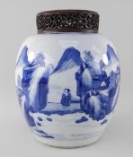 CHINESE BLUE & WHITE PORCELAIN 'SCHOLARS AND LANDSCAPE' JAR, Kangxi, of ovoid form, painted with a