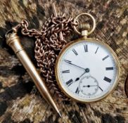 18CT GOLD OPEN FACED POCKET WATCH having enamel dial with Roman numeral chapter ring and