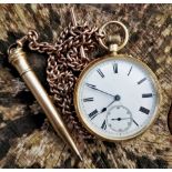 18CT GOLD OPEN FACED POCKET WATCH having enamel dial with Roman numeral chapter ring and