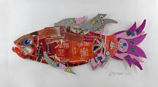PETER CLARK collage from old tobacco packaging and card in perspex box - entitled verso on