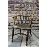 19TH CENTURY ELM & ASH WINDSOR CHAIR, pierced splat and spindle back, bowed arms, saddle seat,