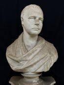 PLASTER LIBRARY BUST OF A YOUNG ROMAN IN CLASSICAL ROBES, on eagle bracket support, 100cms high