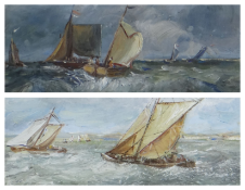 LEONARD BEARD oil on card, a pair - seascapes with fishing boats in rough seas, signed, one dated '