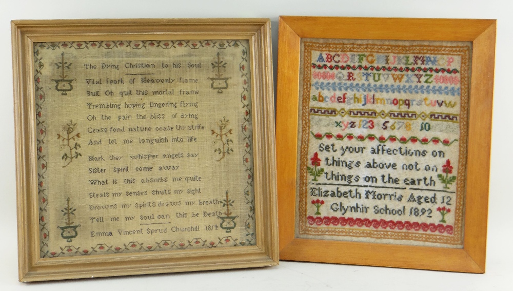 TWO 19TH CENTURY SAMPLERS, one George III by Emma VIncent Sprud Churchill, 1814 in needlework with