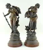 PAIR OF FRENCH PATINATED SPELTER FIGURES AFTER L & F MOREAU, entitled 'Vendangeur' and '