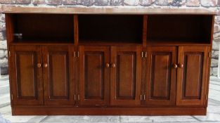 MODERN MAHOGANY NARROW SIDEBOARD, moulded top above three open shelves and three cupboards, 200 x