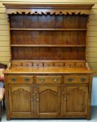 VICTORIAN-STYLE STAINED PINE WELSH DRESSER, heart-pierced scrolled frieze, boarded back, spice