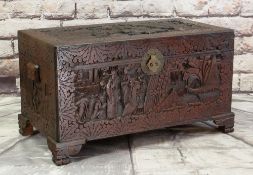 CHINESE CAMPHORWOOD CHEST, carved allover with figures in landscapes and warriors on horseback, 98 x