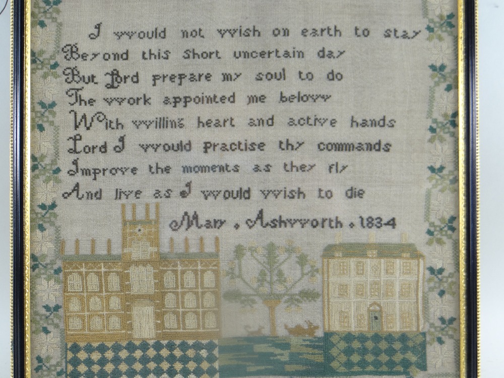 WILLIAM IV NEEDLEWORK SAMPLER, by Mary Ashworth 1834, decorated with flowering urns and squirrels - Image 4 of 8