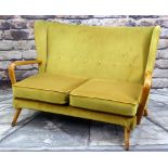 MID-CENTURY BEECH WINGBACK SETTEE, later upholstered in golden velour, loose squab cushions,