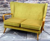 MID-CENTURY BEECH WINGBACK SETTEE, later upholstered in golden velour, loose squab cushions,