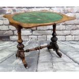 MID-VICTORIAN BURR WALNUT FOLDOVER CARD TABLE, the serpentine top internally inlaid in velvet, on