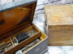 TWO 20TH CENTURY TOOL CHESTS, hinged lids and carry handles, one containg an assortment of